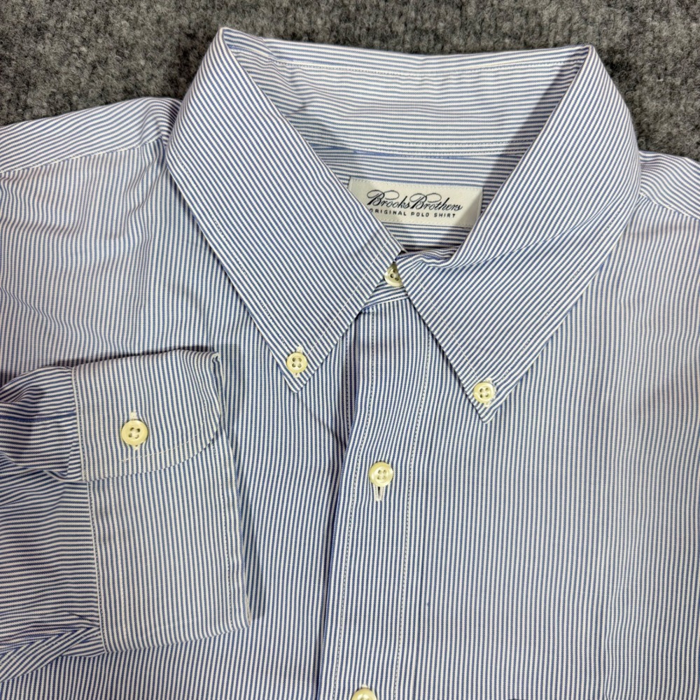 Brooks Brothers Button Down Striped Polo Shirt Mens 17-33 Blue Cotton EUC